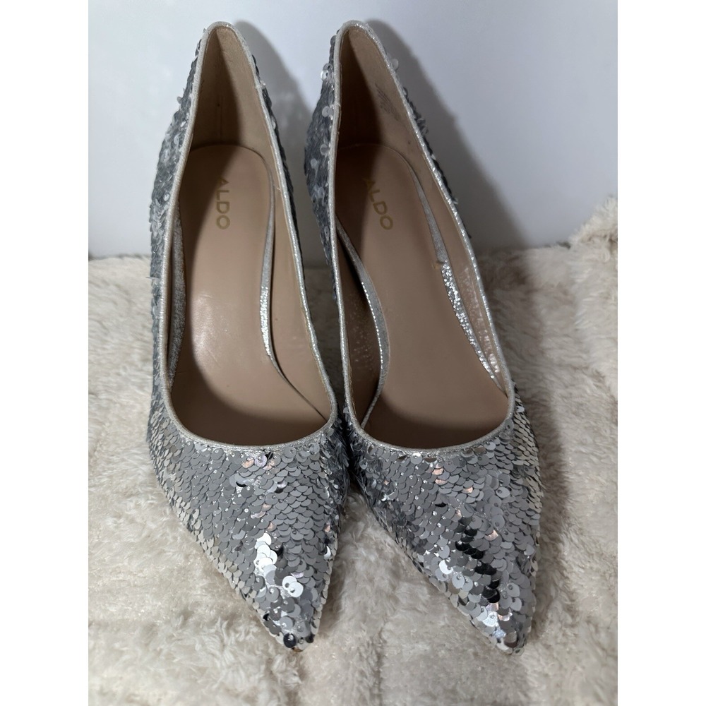 Aldo Pumps High Heels Stiletto Women's 7.5 Silver Sequin Shoes Cocktail Party - Picture 3 of 11